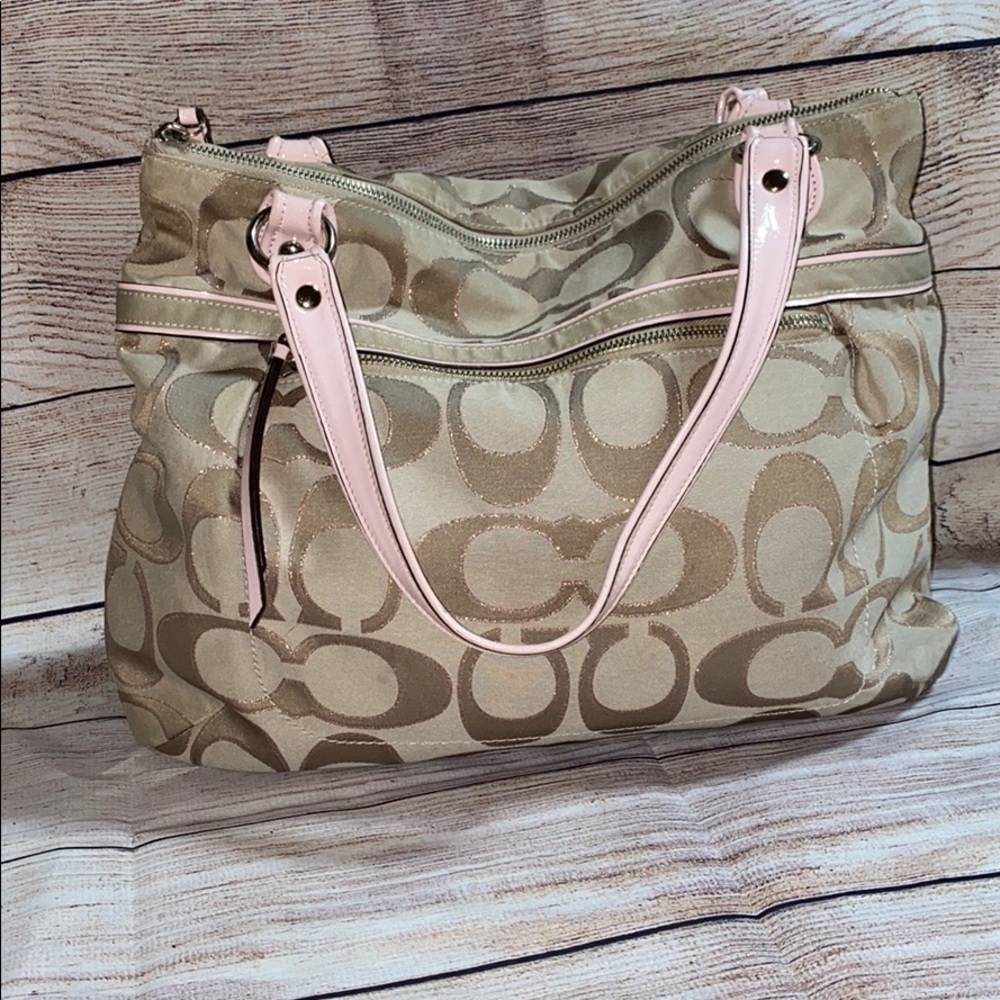 Coach Poppy Metallic Signature Sateen Glam Tote